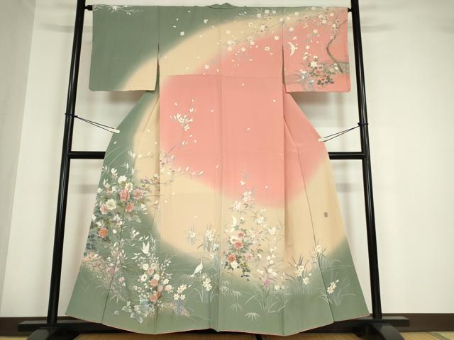 平和屋着物●十日町友禅作家　松雨　訪問着　立鶴枝花文　暈し染め　金彩　正絹　逸品　DABA4649az｜平和屋
