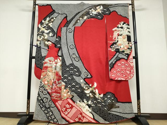 平和屋着物●豪華振袖　絞り　流水飛鶴御所車草花文　金銀彩　正絹　逸品　DABB0771ud｜平和屋