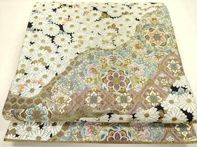 長閑やかさ屋御召しもの●六通柄袋帯 唐織 千寿秋草の花文 黒地 金糸 正絹 珠玉 DABB7595op
