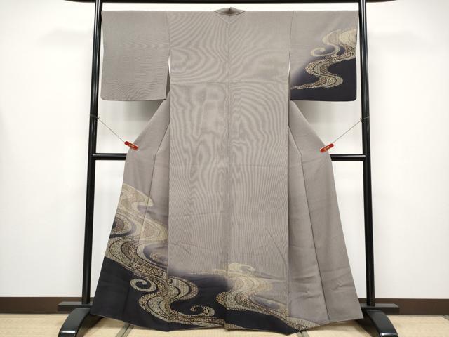 長閑やかさ屋御召しもの●飛び切り 印傳 短い訪問着 日本の首都小紋 水流花唐草文 万筋 黒紅色×白 金彩 さが美取りまわし 珠玉 CYAA4334s6