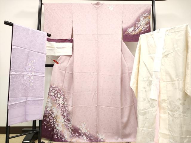 平和屋着物●極上 越後十日町の一流染匠 桐屋・翠山工房 訪問着・長襦袢・帯揚げセット 螺鈿 辻が花 暈し染 金銀彩 薄桜色 逸品 CYAA4340s6|平和屋
