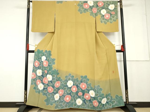 長閑やかさ屋お召しもの●絞り染師 清鈴 短い訪問着 絞り 顕花植物文 椿 暈し染め 金彩 正絹 珠玉 AABG0313cs