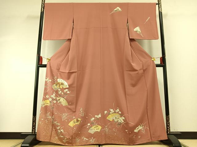 長閑やかさ屋お召しもの●短い訪問着 友禅 西洋紙花鳥文 金彩 正絹 珠玉 AABF5946fy