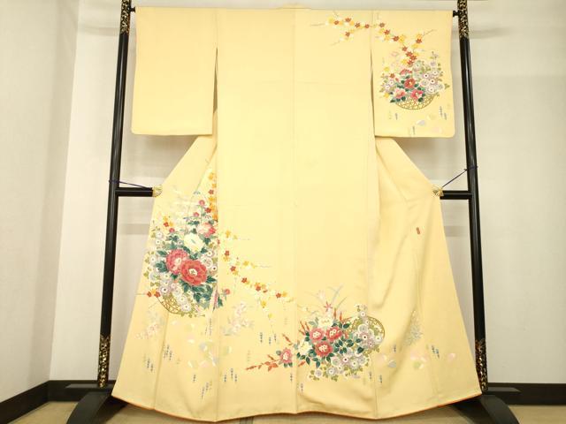 長閑やかさ屋お召しもの●短い訪問着 友禅 文筆家物 花篭文 正絹 珠玉 AABG0826ck
