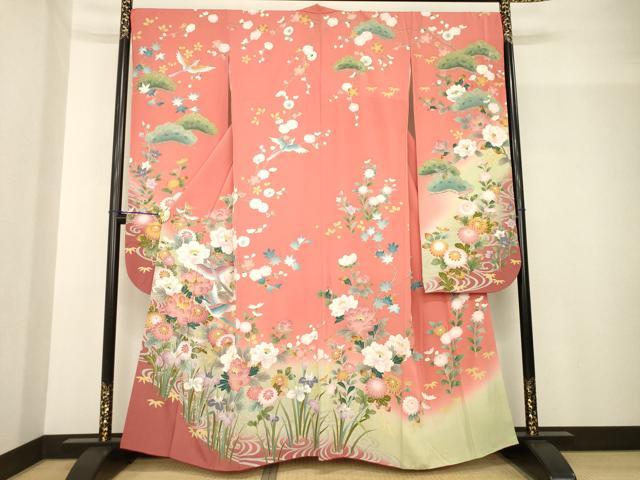 長閑やかさ屋お召しもの●晴れ晴れしい振袖 友禅 花鳥文 暈し染め 正絹 珠玉 AABG0830ck
