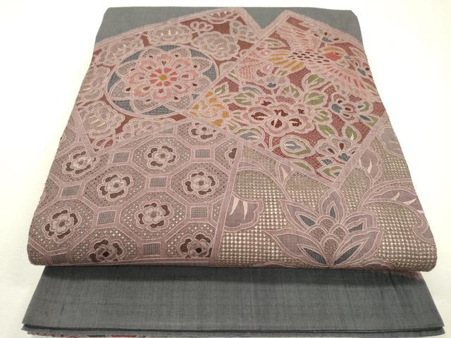 長閑やかさ屋御召しもの●中国三大刺しゅう スワトウ刺しゅう 汕頭刺繍 相良刺しゅう 総刺しゅう 膜鳴楽器柄袋帯 紬地 色紙重ね更紗花鳥文 正絹 珠玉 DABB1898鉄