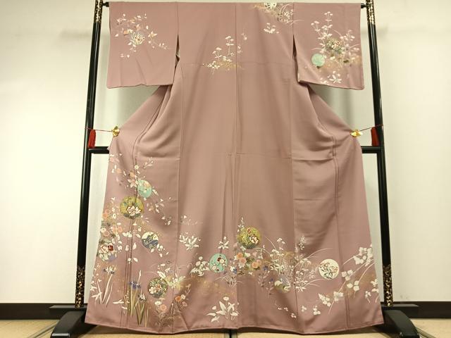 長閑やかさ屋お召しもの●短い訪問着 友禅 駒刺しゅう 花鳥丸文 金彩 正絹 珠玉 未当て嵌める AABF5960fy