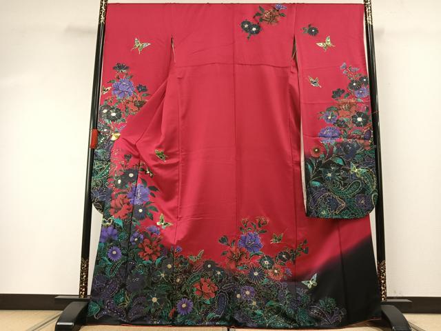 長閑やかさ屋お召しもの●晴れ晴れしい振袖 花蝶文 暈し染め 現ナマ彩 正絹 珠玉 AABF5969fy