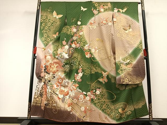 長閑やかさ屋御召しもの●晴れ晴れしい振袖 駒刺しゅう 花蝶文 暈し染め 金彩 正絹 珠玉 AABF5971fy