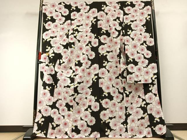 長閑やかさ屋お召しもの●振袖 舞花文 黒地 洗えるお召しもの 未当て嵌める AABF5976fy レディースファッション-和服-着物