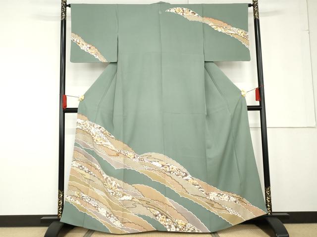 長閑やかさ屋御召しもの●共同墓地みとも 短い訪問着 雪輪鹿の子吉祥被子植物文 金彩 正絹 珠玉 AABG2684cs