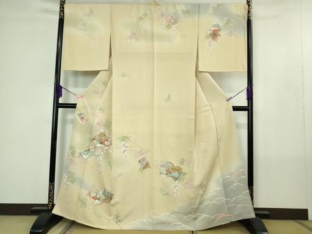 平和屋本店●極上 訪問着 駒刺繍 冊子花文 鳥の子色地 暈し染め 金彩 逸品 DZAB4409kh6