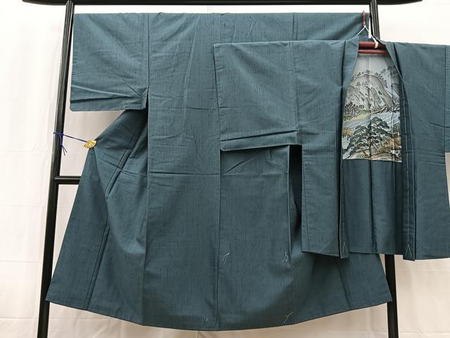 平和屋着物●男性　紬　アンサンブル　霞文　鉄御納戸色　正絹　逸品　未使用　BAAW2587yc｜平和屋