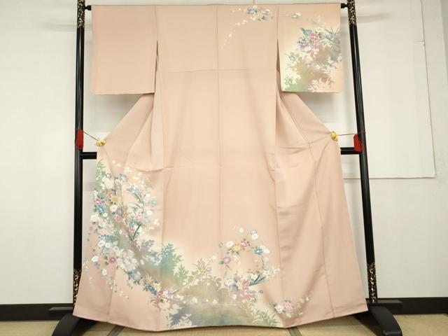 長閑やかさ屋御召しもの●短い訪問着 枝花文 暈し染め 金彩 正絹 珠玉 未当て嵌める AABF9101cs