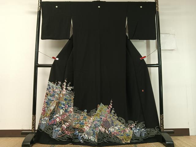平和屋着物●豪華黒留袖　友禅　作家物　流水板橋花文　正絹　逸品　CABC9749vp｜平和屋 24,050円