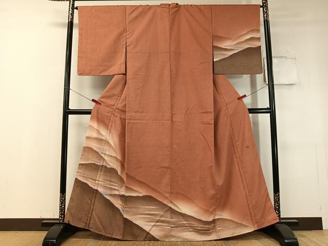 長閑やかさ屋御召しもの●短い訪問着 絵描き物 紬地 ろうけつ染め 遠山霞文 金彩 やまと誂製 正絹 珠玉 未当て嵌める CABC9786vp