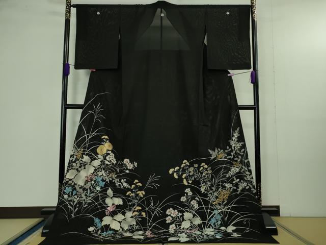 長閑やかさ屋中央局＊御前上等 夏物 黒留袖 お引きずり・お引き摺り おどり子 女芸者 女芸者 お召しもの 絽 駒刺しゅう 秋草文 黒地 金彩 珠玉 DZAB4344kh6