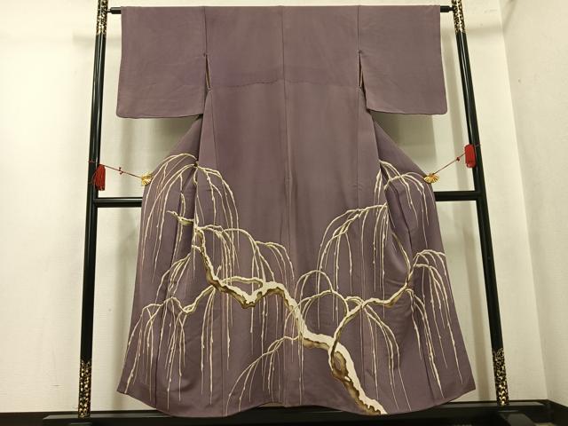 平和屋着物●色留訪問着 雪持ち枝垂れ柳 鬼しぼ縮緬 正絹 逸品 AABL0682ph|平和屋
