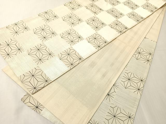 平和屋着物●本場筑前博多織　両面　六通柄京袋帯　市松麻の葉文　献上　生成り色　正絹　逸品　CABJ0516vp｜平和屋