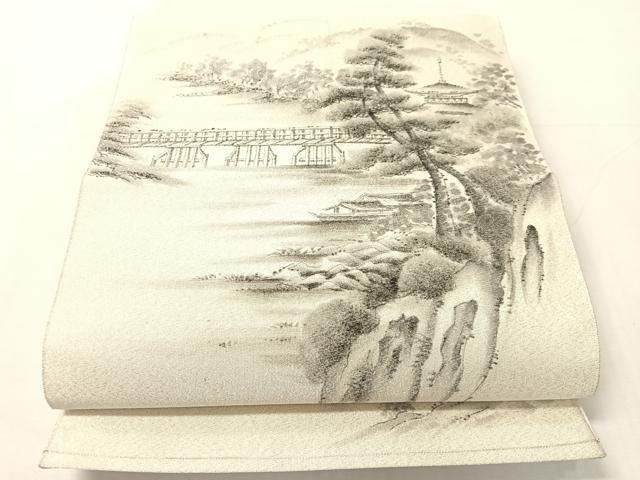 平和屋着物●六通柄袋帯 作家物 手描き 綴れ 京の景 嵐山 銀糸 正絹 逸品 CABJ0517vp|平和屋