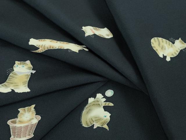 平和屋着物●極上　小紋　手描き　猫　ネコ　留紺色地　逸品　DZAB1742kh6｜平和屋