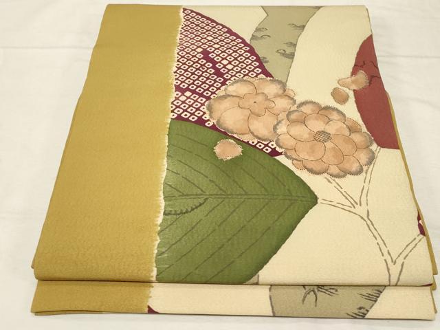 長閑やかさ屋お召しもの●摺型友禅 京都 多ち花 九寸開き名古屋帯 枝花文 芸術染織小いけ取りまわし 正絹 珠玉 CABD4033dy