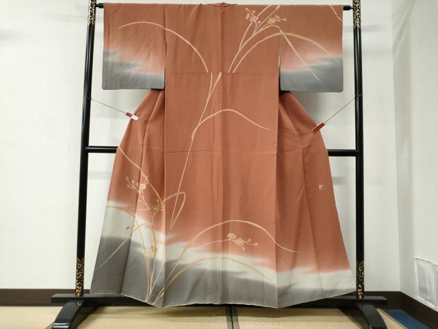 長閑やかさ屋お召しもの●短い訪問着 書き手物 刺しゅう 枝花文 暈し染め 金彩 正絹 珠玉 CABC6904yc 着物-レディースファッション-和服
