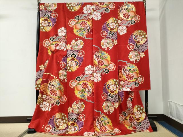 長閑やかさ屋御召しもの●晴れ晴れしい振袖 駒刺しゅう 雪輪吉祥花文 金彩 仮絵羽 珠玉 未当て嵌める CABC6920yc