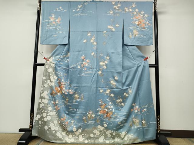 長閑やかさ屋御召しもの●短い訪問着 駒刺しゅう 立波被子植物文 暈し染め 金彩 高島屋取りまわし 正絹 珠玉 CABD0306ut