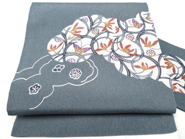 平和屋着物●九寸名古屋帯　型染め　花蝶文　鬼しぼ縮緬　正絹　逸品　CABD5725hy｜平和屋