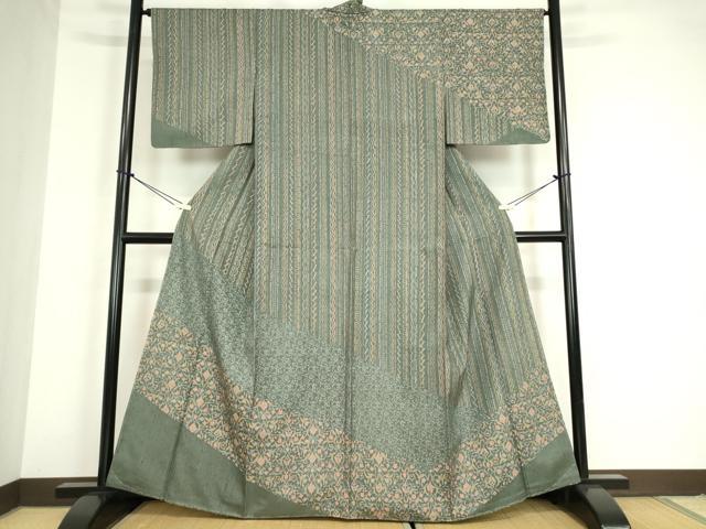 平和屋着物●訪問着　紬地　型染　更紗花文　正絹　逸品　未使用　DABC3054az｜平和屋
