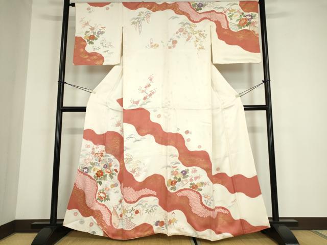 平和屋着物●創業460年・千總 訪問着 駒刺繍 絞り 御所車花文 金彩 正絹 逸品 DABC3059az|平和屋