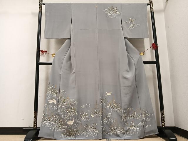 平和屋着物●訪問着　立波群れ鳥笹文　金彩　正絹　逸品　AABI0554ph｜平和屋