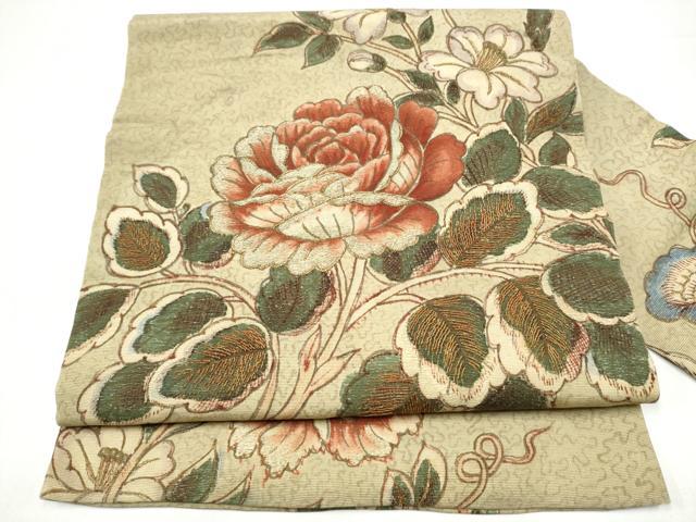 平和屋着物●アンティーク　大正ロマン　九寸名古屋帯　刺繍　枝花文　金糸　正絹　逸品　CABI0262hy｜平和屋
