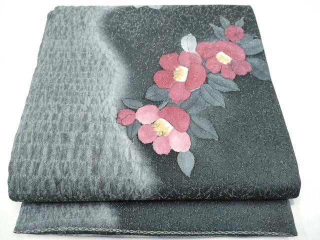 平和屋着物●全通柄袋帯　椿　銀通し地　正絹　逸品　CABI9095hy｜平和屋