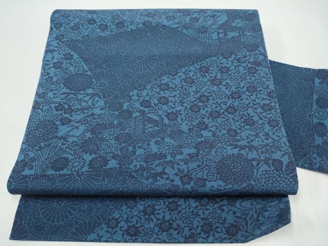 平和屋着物●全通柄　九寸名古屋帯　藍　型染め　風景花文　鬼しぼ縮緬　正絹　逸品　CABI0272hy｜平和屋