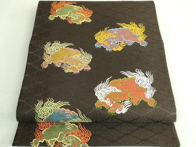 長閑やかさ屋お召しもの●御前上等 山口芸術織り地 皇室 伊勢神宮御用 西陣織 山口克爾染織 膜鳴楽器柄袋帯 唐織 瑞雲百獣の王文 基本法黒茶地 金糸 珠玉 DZAB4224kh6