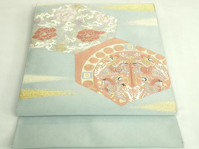 平和屋着物●極上　爪掻き本綴れ　八寸名古屋帯　狩猟文　花唐草　秘色色地　金糸　逸品　DZAB4231kh6｜平和屋