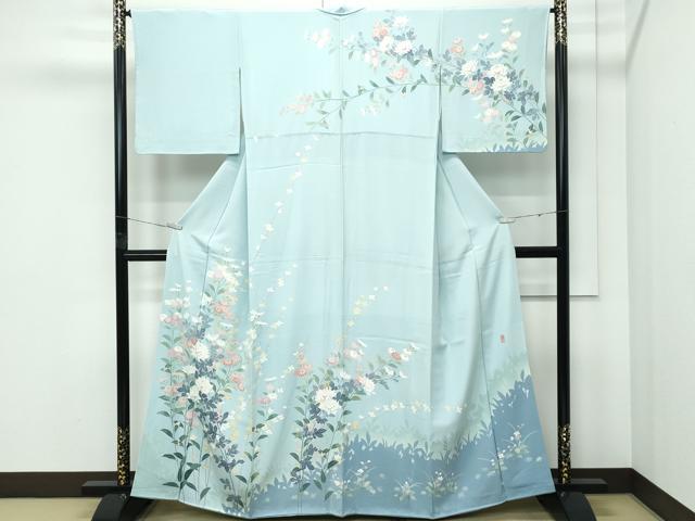 長閑やかさ屋御召しもの●飛び切り 十日町友禅絵描き 一梗 短い訪問着 被子植物文 錆青磁色地 珠玉 CZAA5083s6