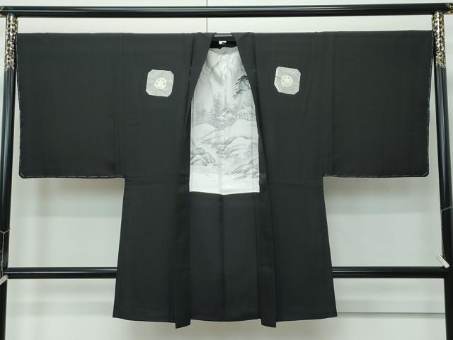 平和屋着物∞極上 男性 黒紋付 長羽織 羽裏:風景文 反端付き 逸品 未使用 CZAA5097s6|平和屋