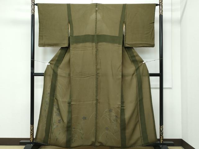 長閑やかさ屋御召しもの●飛び切り 短い訪問着 無双 紗袷 紗×紗 被子植物文 表：海松赤銅色 裏：黄褐色地 珠玉 未当て嵌める CZAA5099s6