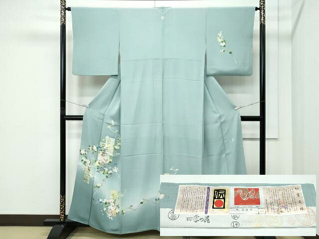 長閑やかさ屋御召しもの●飛び切り 本加賀友禅絵描き 南克治 短い訪問着 短冊見晴らし花文 暈し染め 錆青磁色地 証紙付き添い人 珠玉 CZAA5104s6