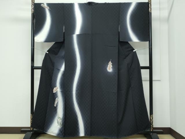 長閑やかさ屋御召しもの●飛び切り 短い訪問着 墨付き 梟 梟 暈し染め 黒地 珠玉 未当て嵌める CZAA5147s6