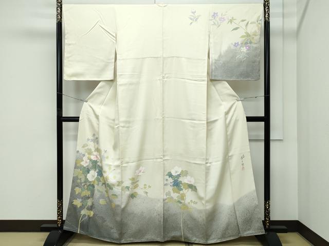 長閑やかさ屋御召しもの●飛び切り 二代目清次郎 墨付き 短い訪問着 刺しゅう 被子植物文 たたき染め 金彩 砥粉色地 珠玉 未当て嵌める CZAA5149s6