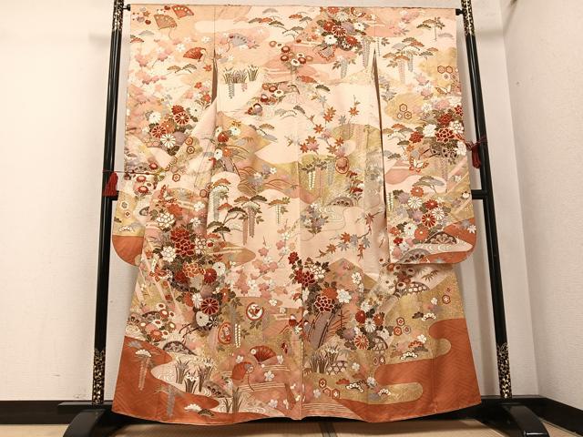 平和屋着物●豪華振袖　駒刺繍　檜扇花蝶文　金彩　正絹　逸品　AABI0566ph｜平和屋