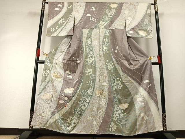 平和屋着物●訪問着 絞り 刺繍 地紙草花文 金糸 金彩 正絹 逸品 AABH0544fy