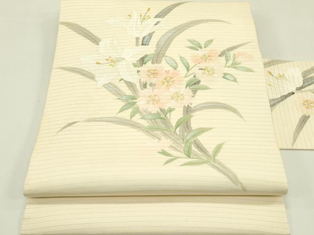 平和屋着物＊夏物 絽塩瀬 九寸名古屋帯 手描き 草花文 正絹 逸品 CABI5549rv｜平和屋