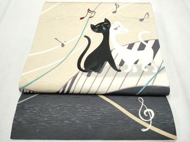 平和屋着物●全通柄　京袋帯　WAKKA　ワッカ　猫　ピアノ　音符　正絹　逸品　CABD5649hy｜平和屋