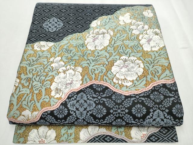 平和屋着物●六通柄袋帯　唐織　御香染　宮むらさき　牡丹　黒地　金糸　正絹　逸品　CABD5640hy｜平和屋