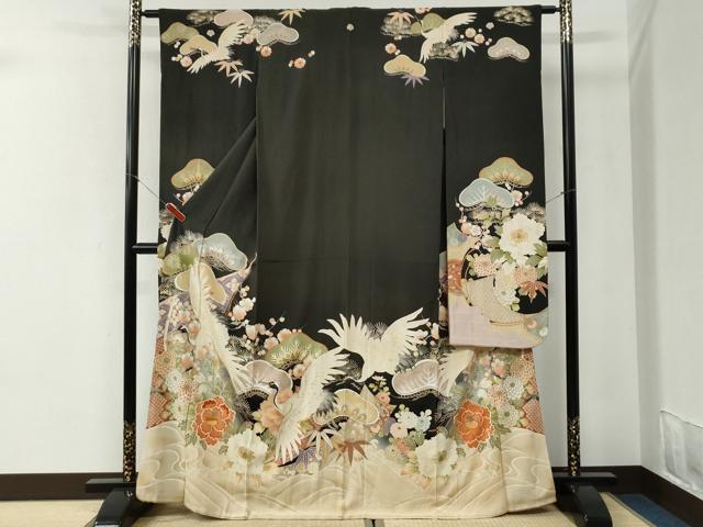 平和屋本店●アンティーク 大正ロマン 振袖 刺繍 立波飛鶴松竹梅牡丹花文 黒地 金糸 正絹 逸品 CABI2121yc|平和屋